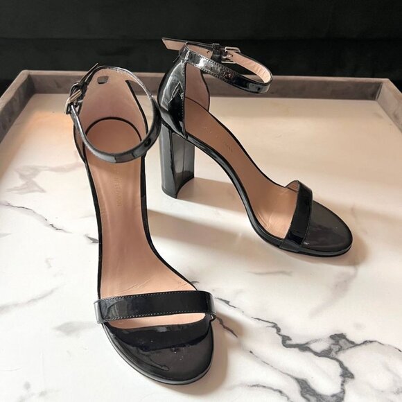 Stuart Weitzman Walkway Black Patent Leather Block Heels Sandals - Picture 2 of 3